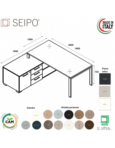 BRIDGE scrivania piano in VETRO con mobile servente melaminico Seipo P. 1000 - BR.0136 37 SX