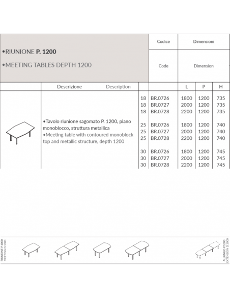 Bridge Tavolo riunione sagomato P. 1000 piano  monoblocco struttura metallica a ponte Seipo BR.0723 24 25 scheda