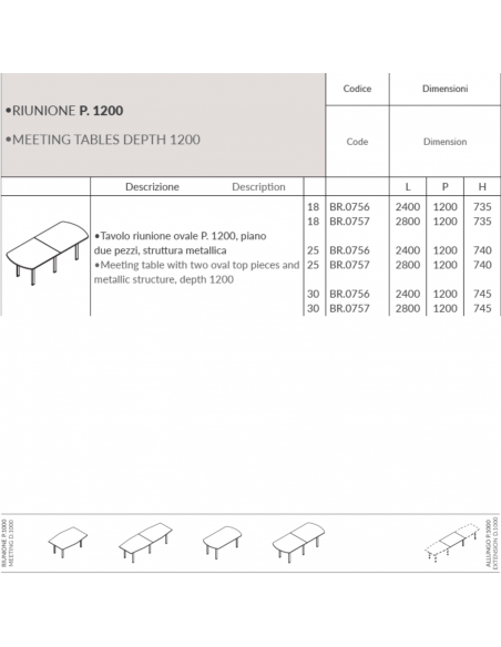 Bridge tavolo riunione ovale P.1000, piano due pezzi struttura metallica a ponte Seipo BR.0753 54 scheda