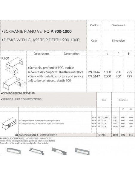 RING scrivania direzionale piano vetro P.900 con mobile servente struttura ad anello Seipo RN.0146 47 compo 4 scheda