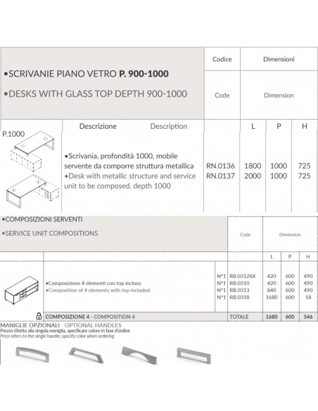 RING scrivania direzionale piano vetro P.1000 con mobile servente struttura ad anello Seipo RN.0136 37 compo 4 scheda