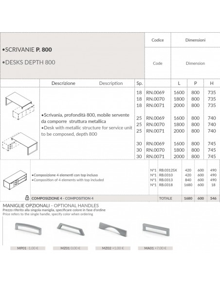 RING scrivania direzionale piano melaminico P.800 con mobile servente struttura ad anello Seipo RN.0169 70 71 compo 4 DX