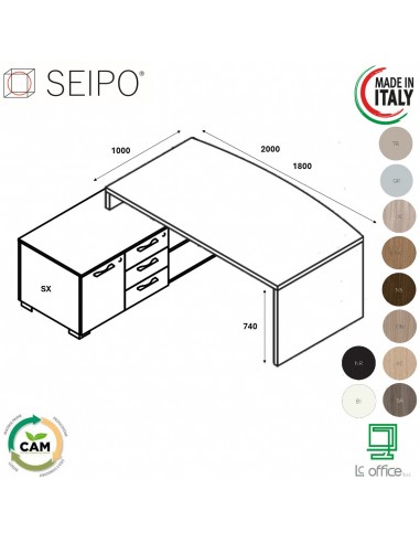 SCRIVANIA direzionale ROYAL piano sagomata con mobile servente - Seipo RY.0094 95 SX