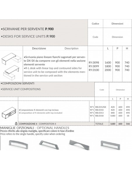 SCRIVANIA direzionale ROYAL piano lineare gamba sagomata con mobile servente - Seipo RY.0098 099 100 DX scheda