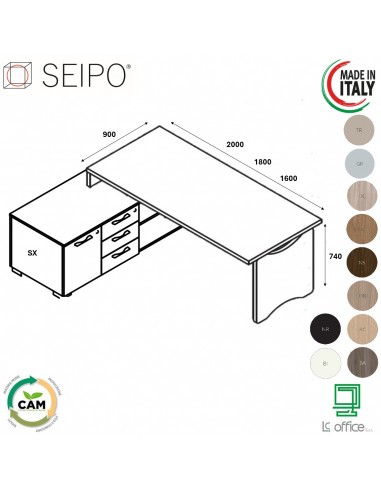 SCRIVANIA direzionale ROYAL piano lineare gamba sagomata con mobile servente - Seipo RY.0098 099 100 SX