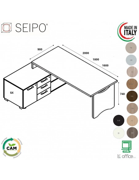 SCRIVANIA direzionale ROYAL piano lineare gamba sagomata con mobile servente - Seipo RY.0098 099 100 SX
