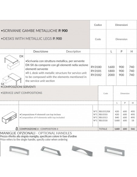 SCRIVANIA direzionale ROYAL piano e gambone metaliche con mobile servente - Seipo RY.0101 102 DX scheda