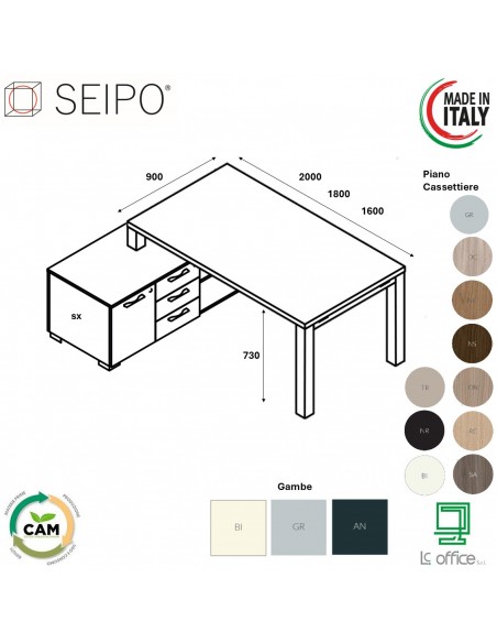 SCRIVANIA direzionale ROYAL piano e gambone metaliche con mobile servente - Seipo RY.0174 175 SX