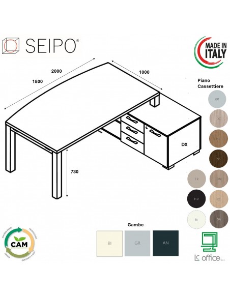 SCRIVANIA direzionale ROYAL piano sagomato e gambone metaliche con mobile servente - Seipo RY.0185 186 DX