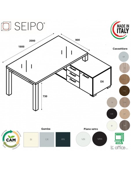 SCRIVANIA direzionale ROYAL piano vetro con struttura metallico e mobile servente - Seipo RY.0195 96