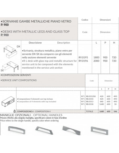 SCRIVANIA direzionale ROYAL piano vetro con struttura metallico e mobile servente - Seipo RY.0195 96 scheda