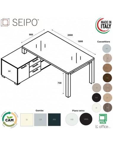 SCRIVANIA direzionale ROYAL piano vetro con struttura metallico e mobile servente - Seipo RY.0195 96