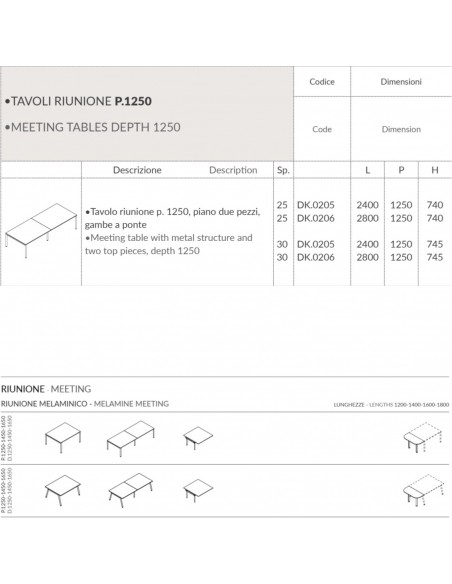 DESK Tavolo riunione p. 1250 piano due pezzi gambe a ponte piano melaminico Seipo DK.0205 06 scheda