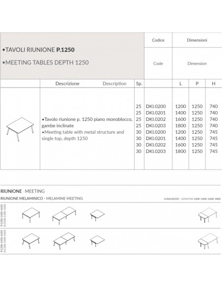 DESK Tavolo riunione p. 1250 piano monoblocco gambe inclinate piano melaminico Seipo DKI.0200 01 02 03 scheda