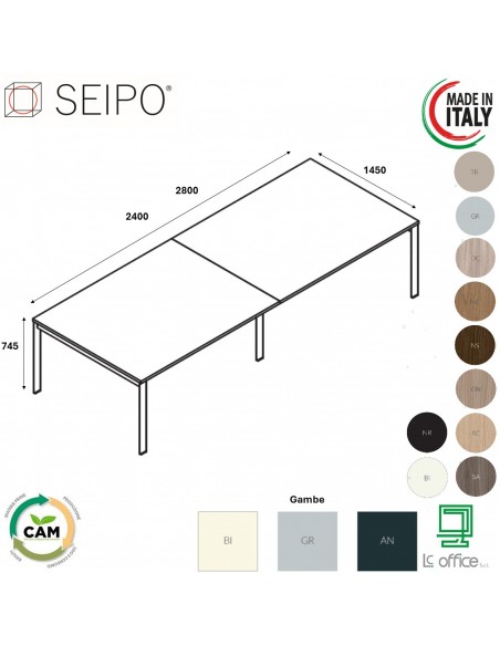 DECK Tavolo riunione p. 1450 piano due pezzi gambe a ponte piano melaminico Seipo DK.0225 26