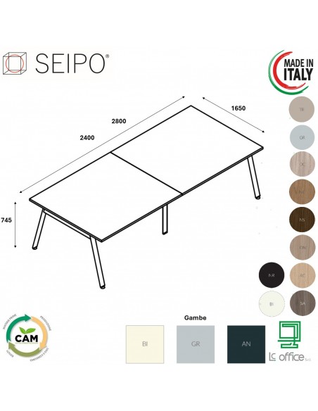 DECK Tavolo riunione p. 1450 piano due pezzi gambe inclinate piano melaminico Seipo DKI.0225 26