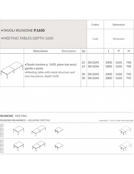DECK Tavolo riunione p. 1650 piano due pezzi gambe a ponte piano melaminico Seipo DK.0245 46 scheda