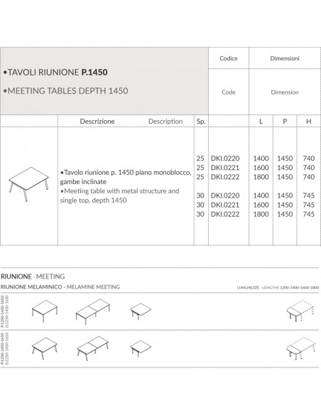 DECK Tavolo riunione p. 1450 piano monoblocco gambe inclinate piano melaminico Seipo DKI.0220 21 22 23 SCHEDA