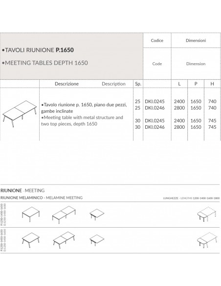 DECK Tavolo riunione p. 1650 piano due pezzi gambe inclinate piano melaminico Seipo DKI.0245 46 scheda