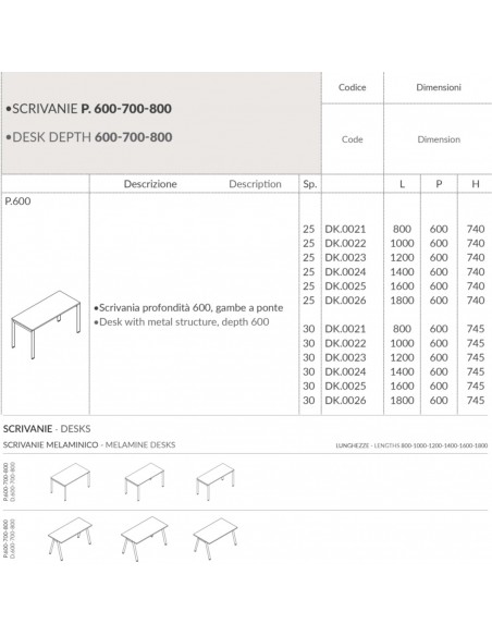 DECK Scrivania profondità 600, gambe a ponte piano melaminico Seipo DK.0221 22 23 24 25 26 scheda
