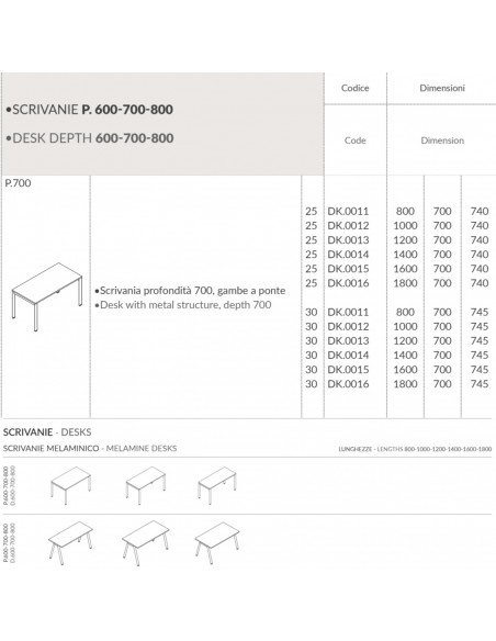 DECK Scrivania profondità 700, gambe a ponte piano melaminico Seipo DK.0011 12 13 14 15 16 scheda
