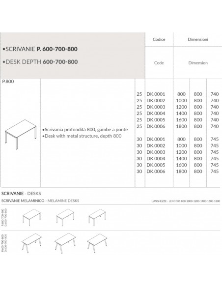DECK Scrivania profondità 800, gambe a ponte piano melaminico Seipo DK.0001 02 03 04 05 06 scheda