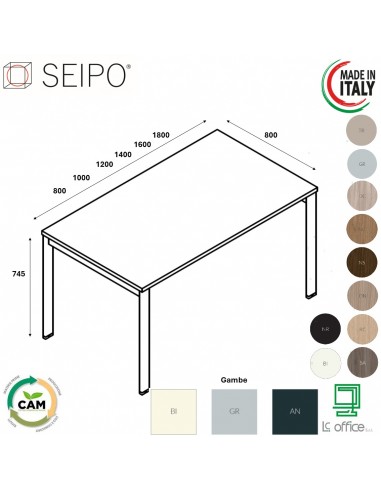 DECK Scrivania profondità 800, gambe a ponte piano melaminico Seipo DK.0001 02 03 04 05 06