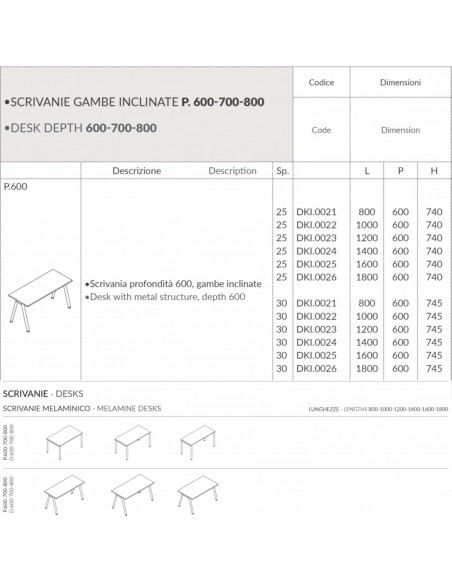 DECK Scrivania profondità 600, gambe inclinate piano melaminico Seipo DK.0221 22 23 24 25 26 img 3