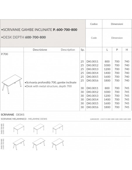 DECK Scrivania profondità 700, gambe inclinato piano melaminico Seipo DKI.0011 12 13 14 15 16 scheda