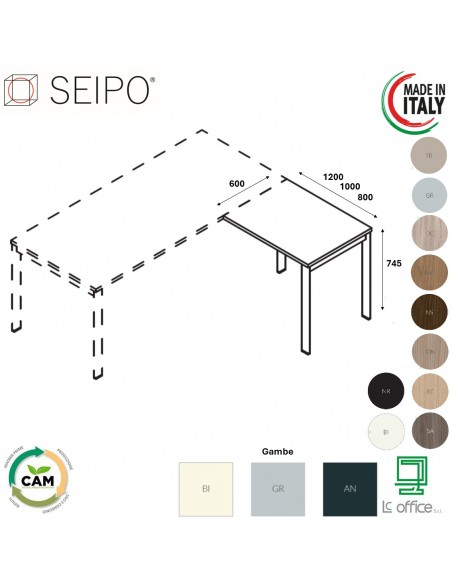 DECK Scrivania Appendice retta profondità 600 gambe a ponte piano melaminico Seipo DK.0031 32 33
