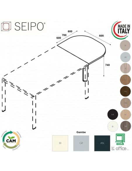 DECK Terminale per scrivania profondità 600-700-800 gambe portante piano melaminico Seipo DTP.0010 11 15