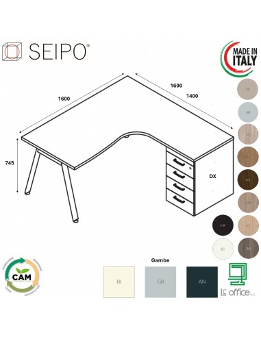 DECK Workstation DX con cassettiera portante da 1800 gambe inclinato in laminato Seipo DKI.0116 17