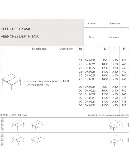 DECK scrivania Benches con gambe a ponte p. 1250 piano melaminico Seipo DK.0300 01 02 03 04 05 scheda