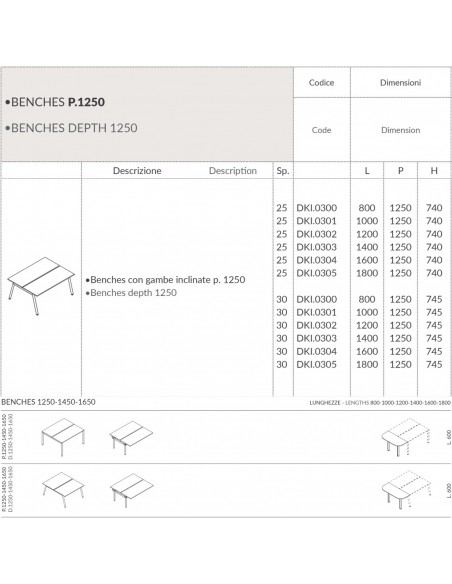 DECK scrivania Benches con gambe inclinate p. 1250 piano melaminico Seipo DK.0300 01 02 03 04 05 scheda