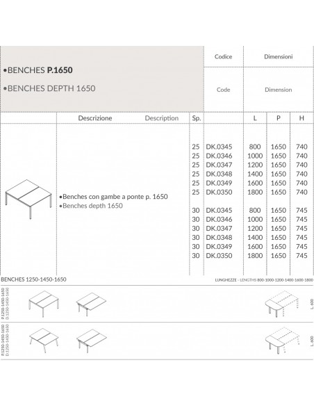 DECK scrivania Benches con gambe a ponte p. 1650 piano melaminico Seipo DK.0345 46 47 48 49 50 scheda