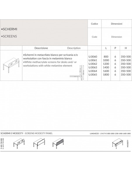 DECK Schermi in metacrilato bianco per scrivania e/o workstation Seipo U.0060 61 62 63 64 65 SCHEDA
