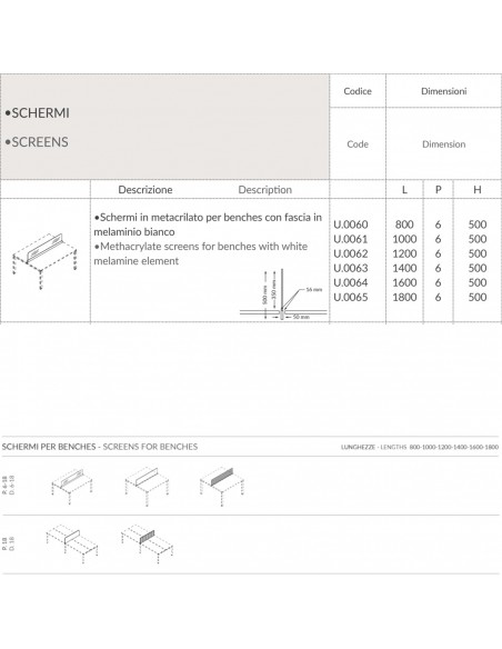 DECK Schermi in metacrilato per benches con fascia in melaminio bianco Seipo U.0060 61 62 63 64 65 scheda