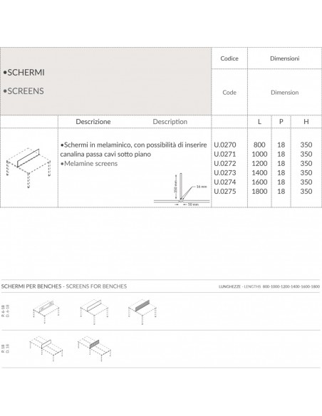 DECK Schermi in melaminico, con possibilità di inserire canalina passa cavi sotto piano Seipo U.0270 0271 0272 0273 0274 0275