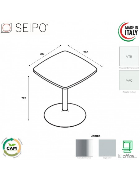 Tavolo basso base in acciaio a calice tonda e piano quadro vetro TB.0102