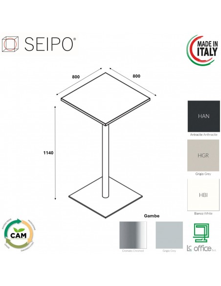 Tavolo alto base zavorrata in acciaio inox quadra e piano quadro HPL TB.0105
