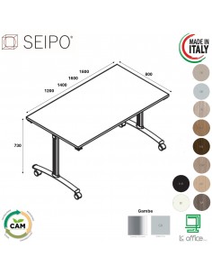 Tavolo ribaltabile su ruote, gambe e trave sotto piano canalizzata melaminico SEIPO  TB.0126 TB.0127 TB.0128 TB.0129