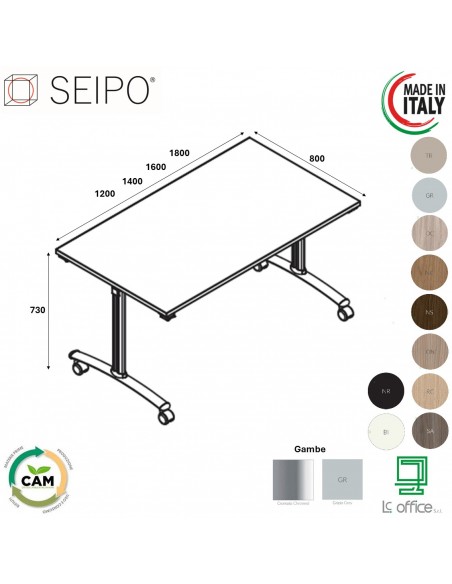 Tavolo ribaltabile su ruote, gambe e trave sotto piano canalizzata melaminico SEIPO  TB.0126 TB.0127 TB.0128 TB.0129