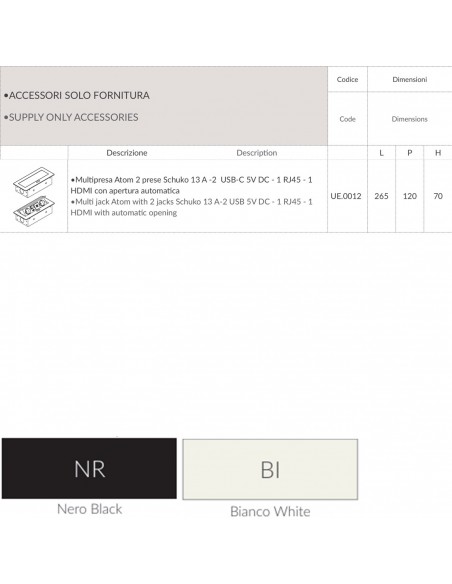 Multipresa Atom 2 prese Schuko 13 A -2 USB-C 5V DC - 1 RJ45 - 1 HDMI con apertura automatica SEIPO UE.0012 tec
