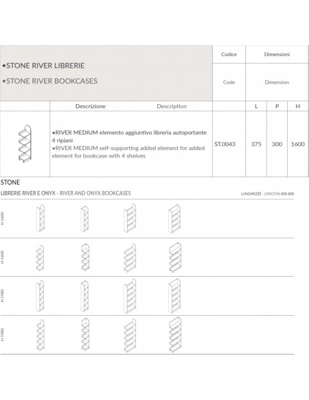 Stone RIVER MEDIUM L375 elemento aggiuntivo libreria autoportante 4 ripiani SEIPO ST.0043 TECH