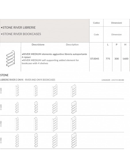 Stone RIVER MEDIUM L775 elemento aggiuntivo libreria autoportante 4 ripiani SEIPO ST.0045 TECH