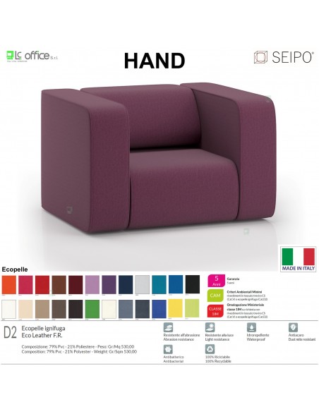 Hand H0013 poltrona attesa singola base 4 piedi autolivellanti Seipo ECOPELLE D2 CLASS 1IM