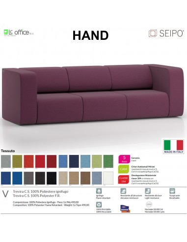 Hand H0015 divano attesa 3 posti base 4 piedi autolivellanti Seipo tessuto V CLASS 1IM