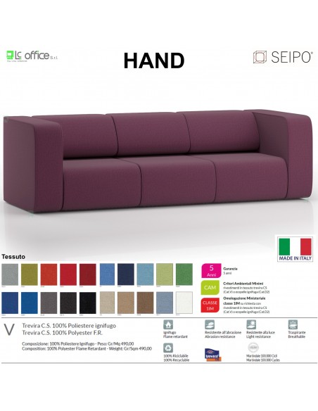 Hand H0015 divano attesa 3 posti base 4 piedi autolivellanti Seipo tessuto V CLASS 1IM