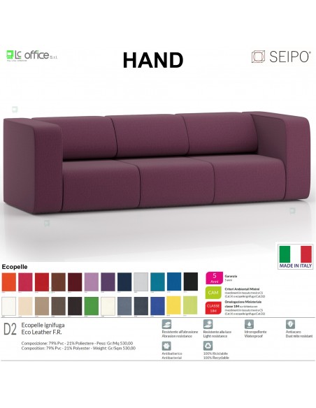 Hand H0015 divano attesa 3 posti base 4 piedi autolivellanti Seipo ECOPELLE D2 CLASS 1IM