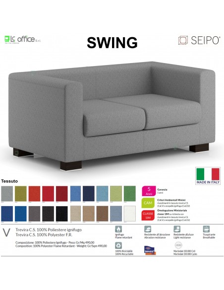 SWING SW0072 DIVANO due posti imbottita Base piedi legno verniciato SEIPO Tessuto V